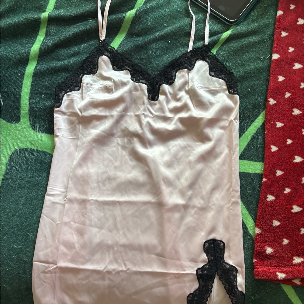 Victoria's Secret Pale Pink Satin Slip with Black Lace Trim
